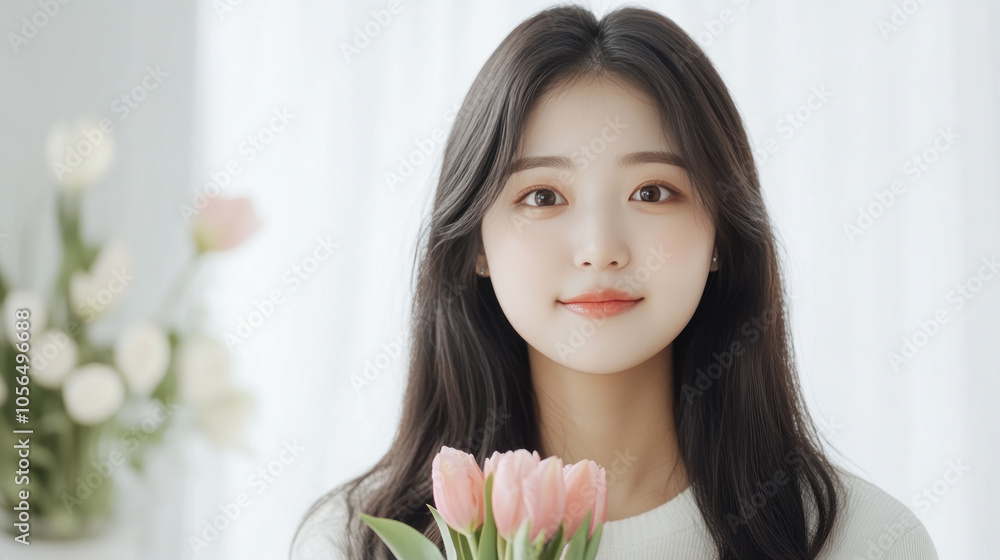 Korean woman smile holding bunch of tulips flowers, happy romantic Korean woman smile holding bunch of tulips flowers, happy romantic