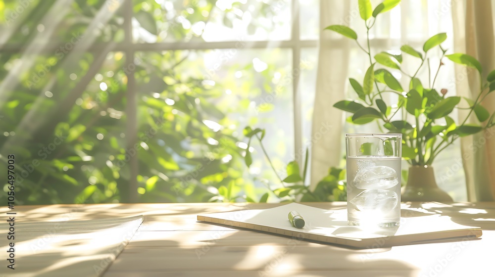 A bright, serene scene featuring a glass of water on a table, surrounded by greenery and sunlight streaming through a window. A bright, serene scene featuring a glass of water on a table, surrounded by greenery and sunlight streaming through a window.