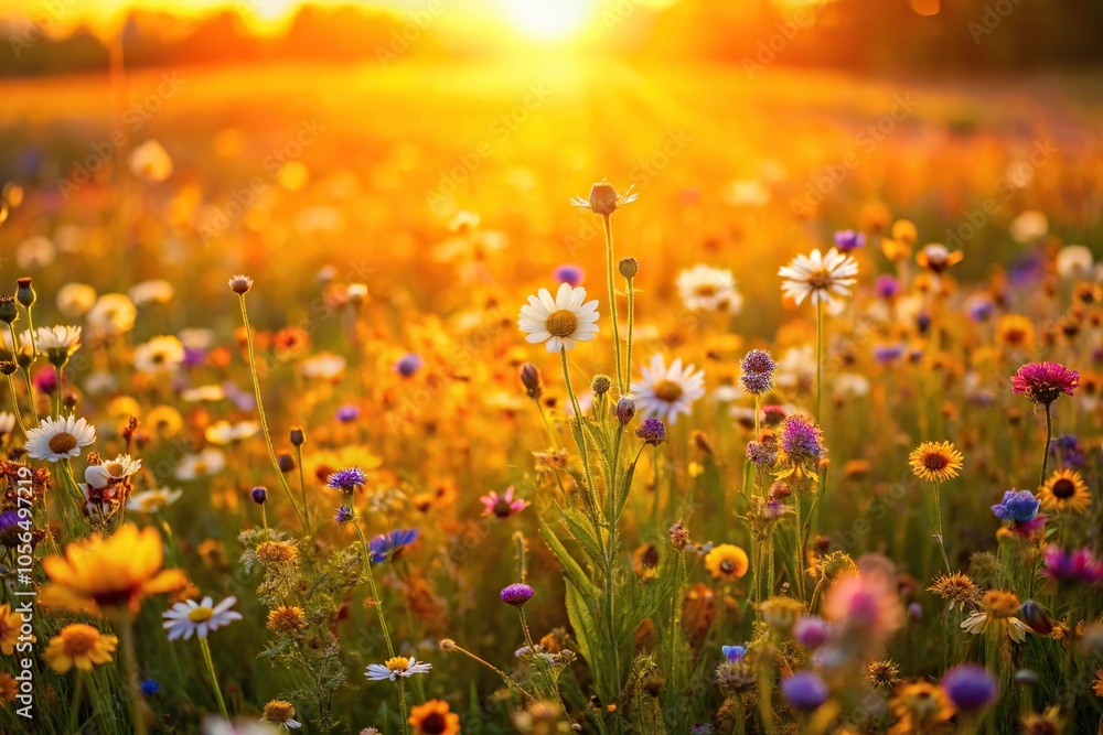 Warm golden light illuminates a field of delicate wildflowers, botanical, golden light Warm golden light illuminates a field of delicate wildflowers, botanical, golden light