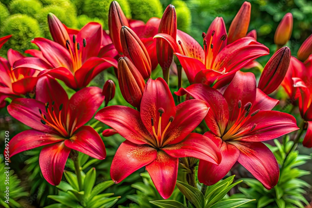 Aerial View of Blooming Red Lilium Flowers in Full Bloom - Nature's Vibrant Beauty Aerial View of Blooming Red Lilium Flowers in Full Bloom - Nature's Vibrant Beauty