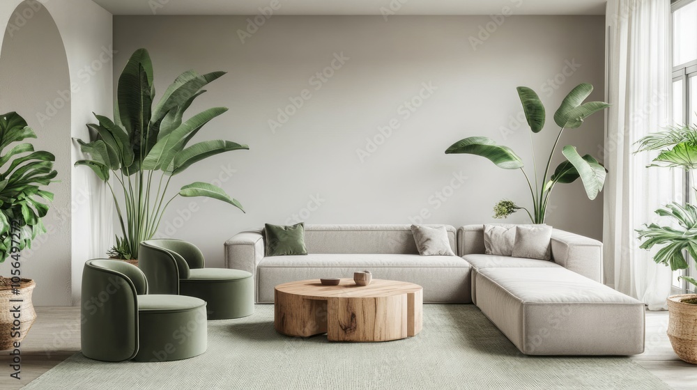 A minimalist living room with soft gray walls, a light gray sectional sofa, and sage green velvet accent chairs A minimalist living room with soft gray walls, a light gray sectional sofa, and sage green velvet accent chairs
