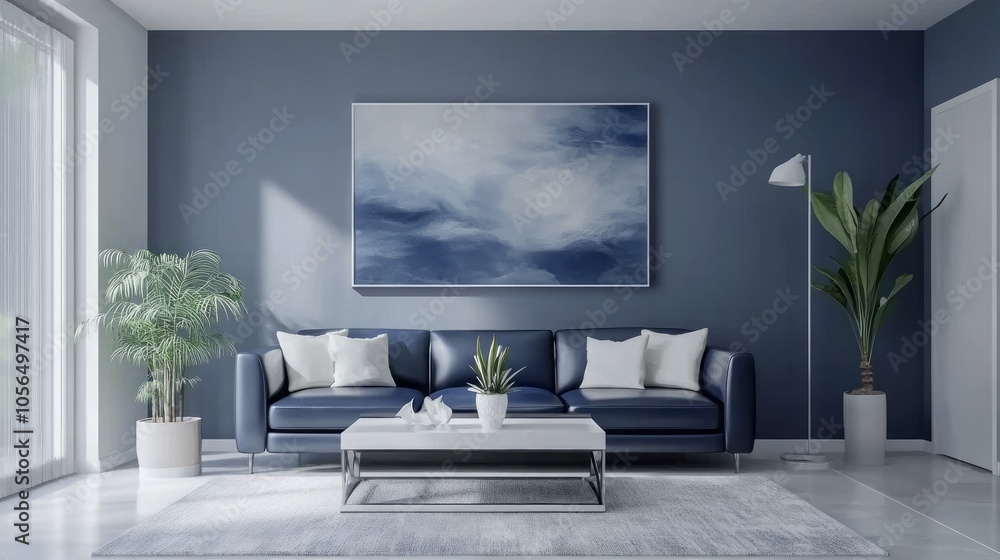 Fototapeta premium A minimalist living room with soft gray walls, a navy blue leather sofa, and white cushions