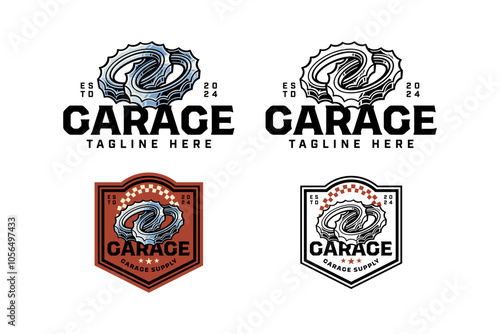 gear ring engine with infinity, infinite shape colorful logo design set for garage, motorcycle club gear engine with endless, loop shape illustration outline badge logo template for racing sport 