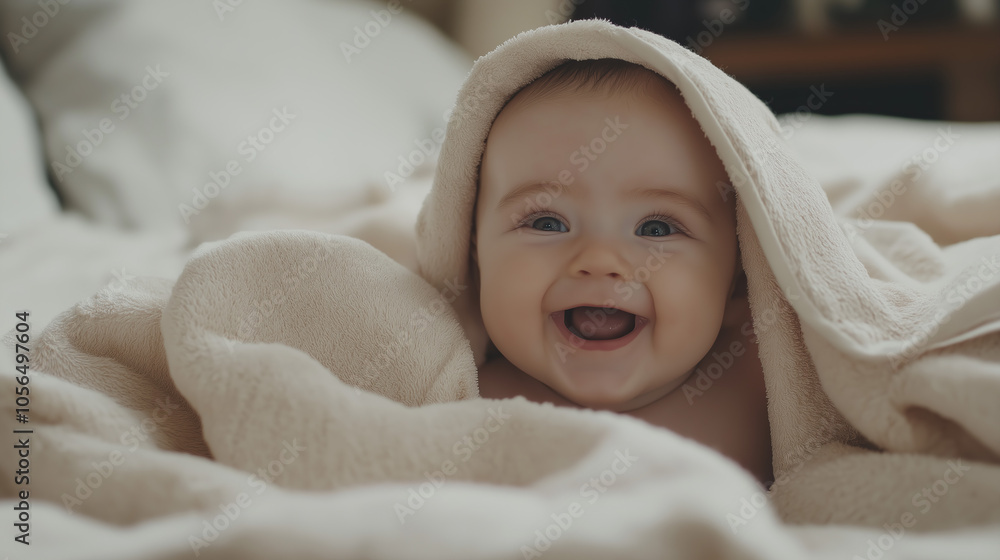 A happy baby is wrapped in soft, fluffy beige blankets and smiling for the camera, creating an adorable scene of pure joy. The focus is on the baby's face A happy baby is wrapped in soft, fluffy beige blankets and smiling for the camera, creating an adorable scene of pure joy. The focus is on the baby's face