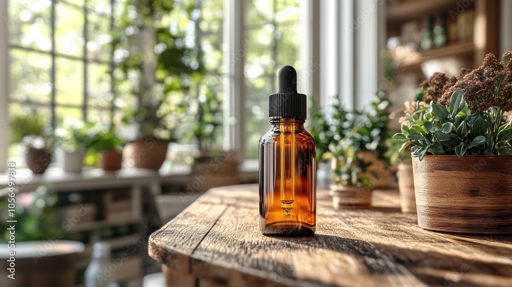 An amber dropper bottle on a wooden table surrounded by plants. An amber dropper bottle on a wooden table surrounded by plants.