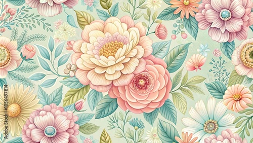 Whimsical floral pattern featuring oversized flowers in pastel colors, vintage flair, whimsical designs, oversized flowers, floral patterns, pastel colors