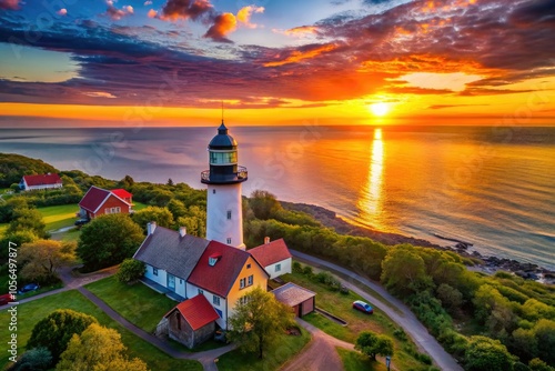 Aerial View of Hammeren Lighthouse in Allinge, Denmark at Sunset - Scenic Coastal Landscape Photography photo