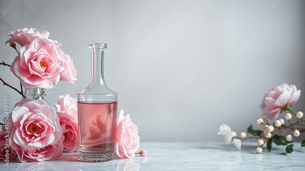 White marble bust with a delicate pink blossom resting on its shoulder, next to a clear glass bottle filled with more pink blossoms, luxury, blossom White marble bust with a delicate pink blossom resting on its shoulder, next to a clear glass bottle filled with more pink blossoms, luxury, blossom