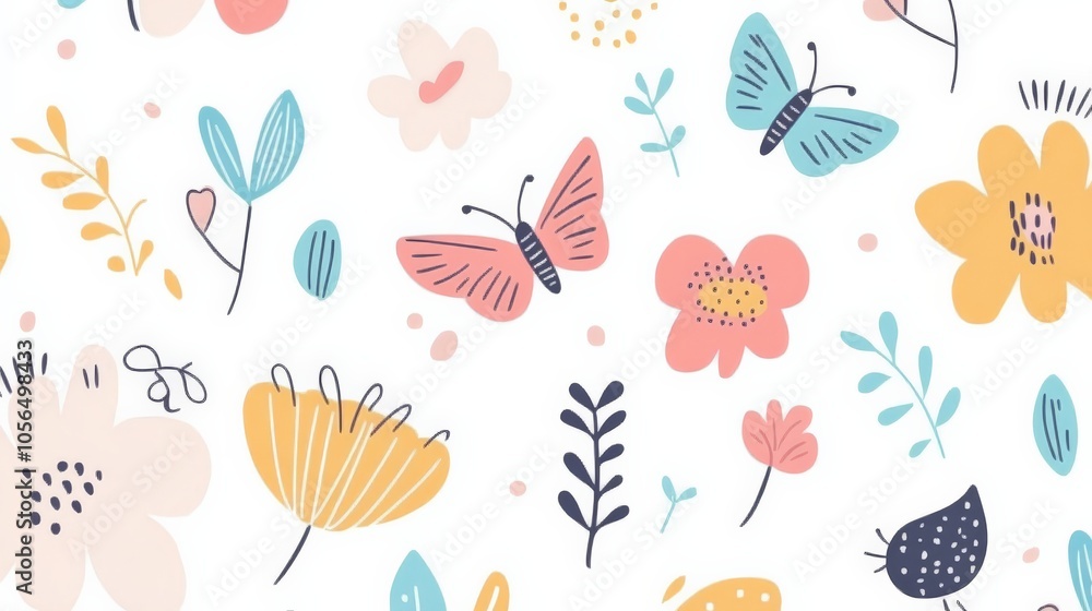 Colorful Garden Pattern with Flowers and Butterflies Colorful Garden Pattern with Flowers and Butterflies