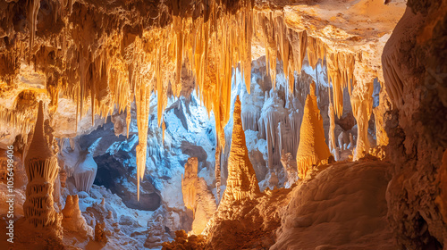 Discover the incredible cuevas del drach, a stunning stalactite cave located on the island of mallorca. Cave with Stalactites. Illustration