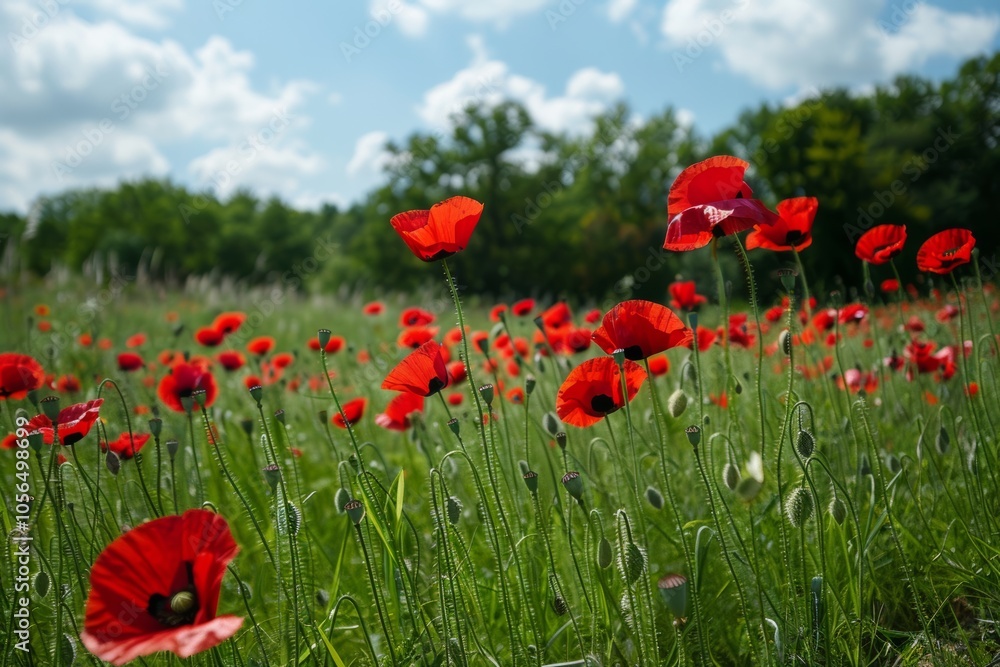 Fototapeta premium A vibrant field of red poppies in full bloom, set against a backdrop of lush greenery and a clear blue sky.