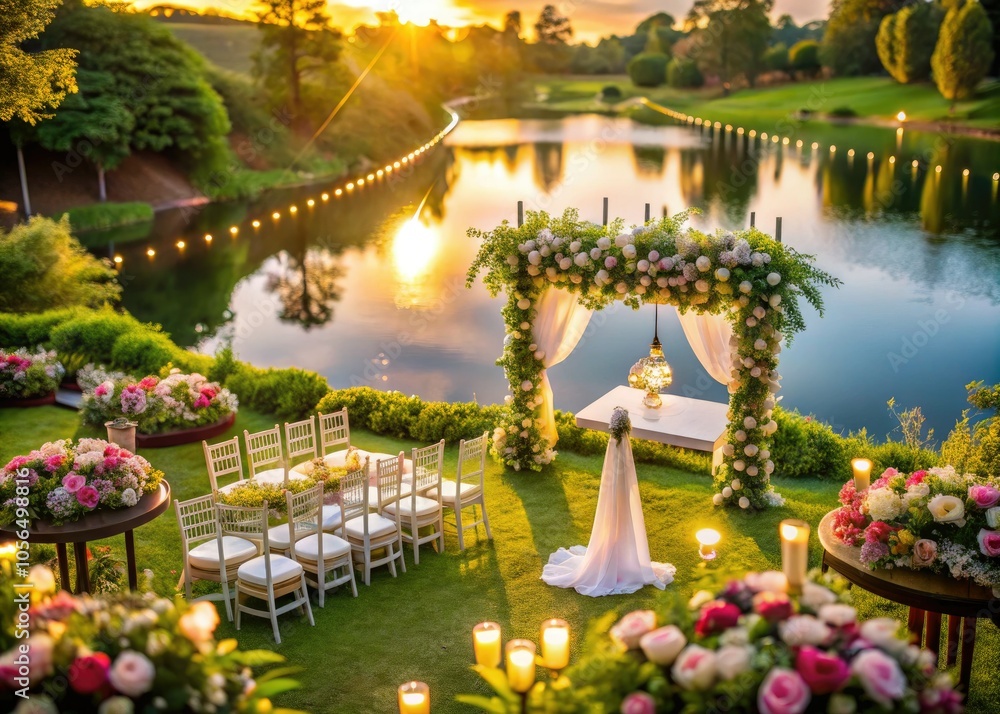 Fototapeta premium Aerial View of Serene Wedding Venue Surrounded by Nature's Beauty