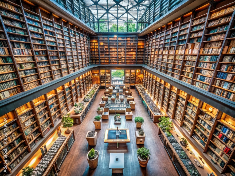 Fototapeta premium Aerial View of Starfield Library Reading Area with Expansive Bookshelves and Modern Design Elements