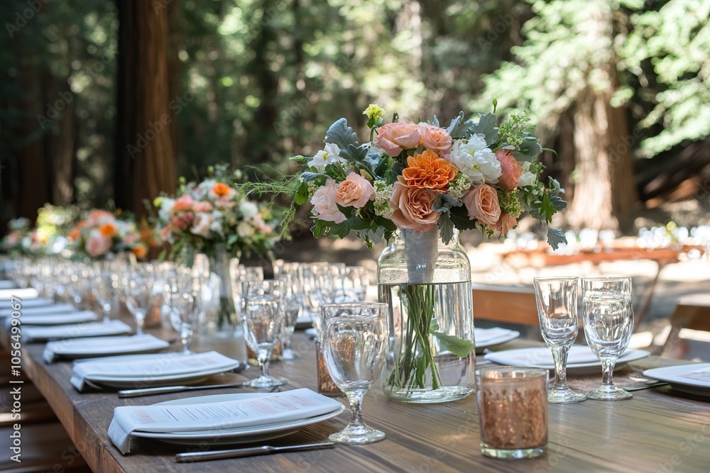 A long wooden table is set for a wedding reception in a forest setting with white plates, silverware, glasses, and bouquets of flowers in vases. A long wooden table is set for a wedding reception in a forest setting with white plates, silverware, glasses, and bouquets of flowers in vases.