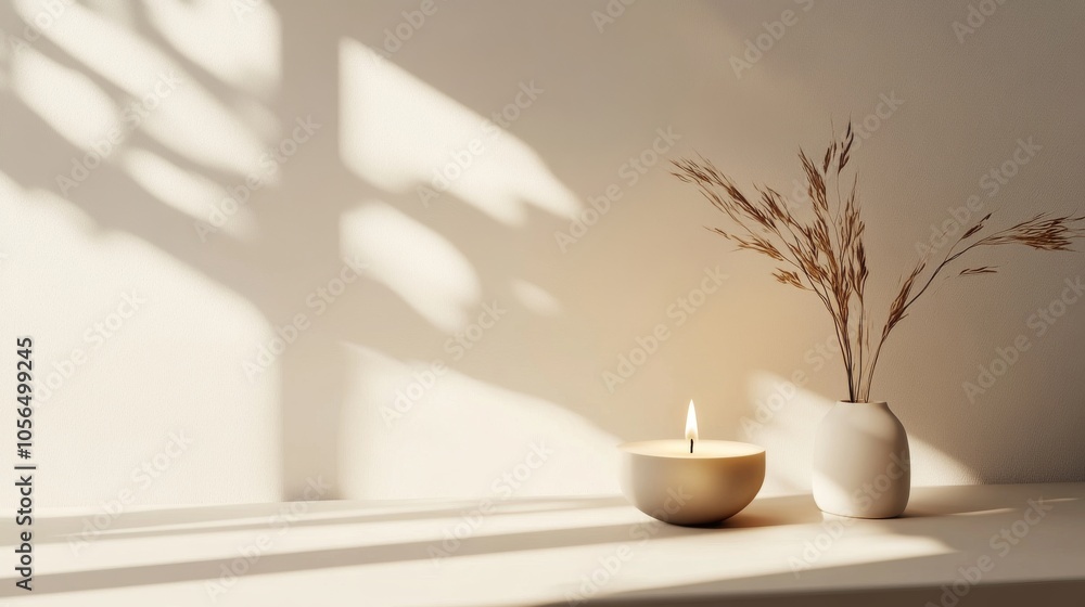 A white vase with a candle in it sits on a table A white vase with a candle in it sits on a table