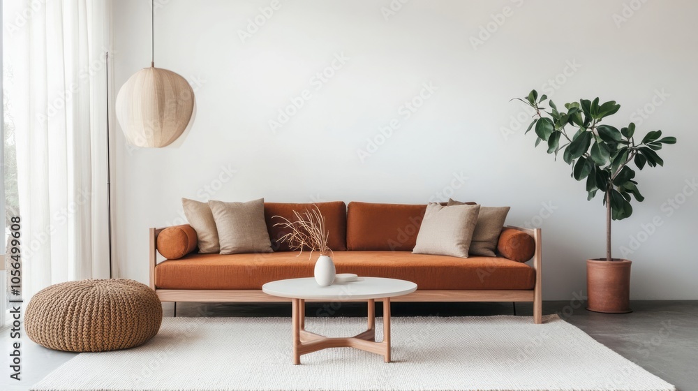 A minimalist living room with white walls, a terracotta fabric sofa, and dark brown wooden furniture A minimalist living room with white walls, a terracotta fabric sofa, and dark brown wooden furniture