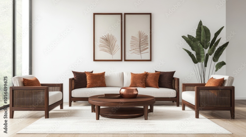 A minimalist living room with white walls, dark brown wooden furniture, and copper throw pillows A minimalist living room with white walls, dark brown wooden furniture, and copper throw pillows