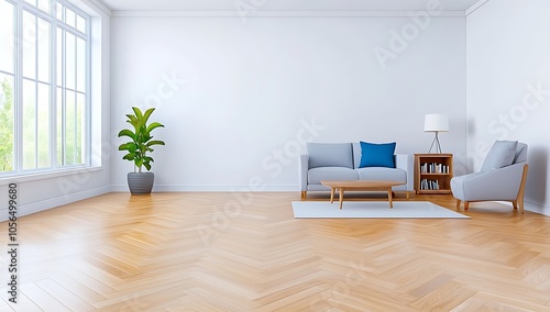 Empty Minimalist Room with Wooden Floor and Plant