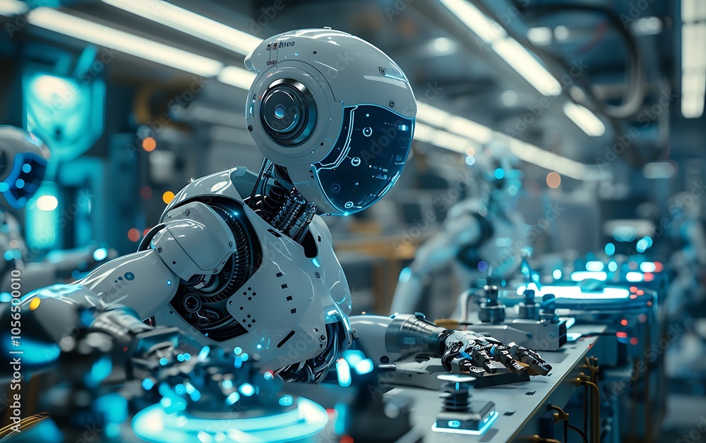Fototapeta premium A futuristic scene featuring robots assembling in a high-tech factory, showcasing advanced technology and precision automation.