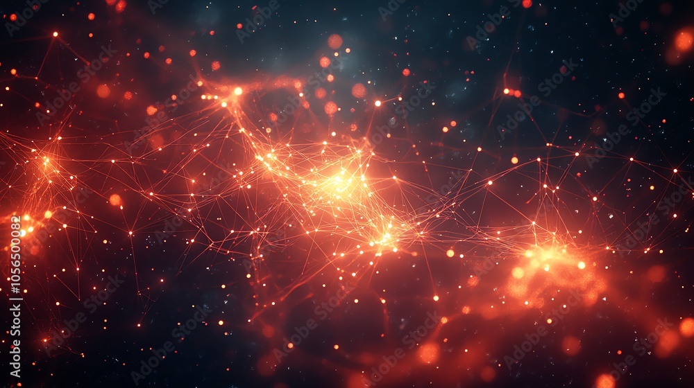 Abstract background with glowing red and orange lines and dots. Abstract background with glowing red and orange lines and dots.