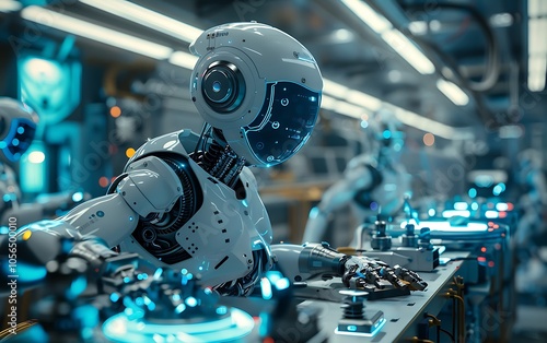 A futuristic scene featuring robots assembling in a high-tech factory, showcasing advanced technology and precision automation.