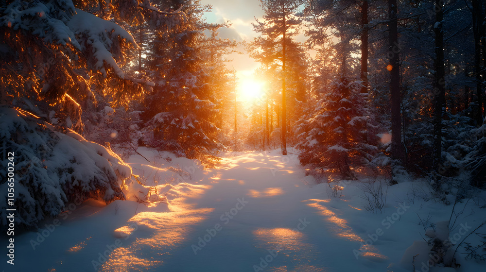 Snowy Forest Path at Sunset - Winter Landscape Photography Snowy Forest Path at Sunset - Winter Landscape Photography