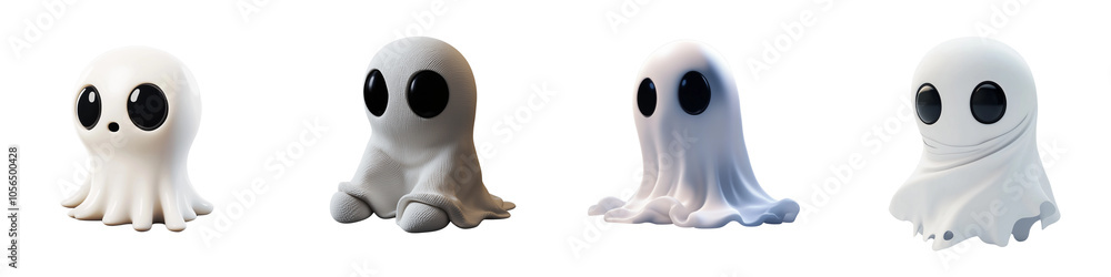 Set of a 3D render of a cute, smiling ghost icon, perfect for playful designs, isolated on transparent background. Set of a 3D render of a cute, smiling ghost icon, perfect for playful designs, isolated on transparent background.