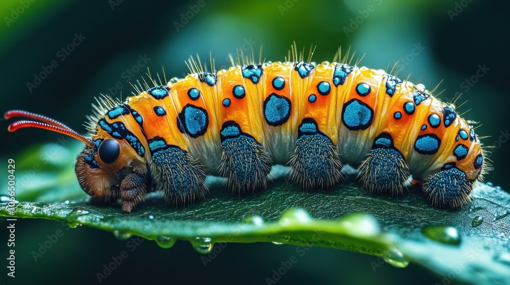 Fototapeta premium Brightly colored caterpillar resting on a leaf in a tropical forest