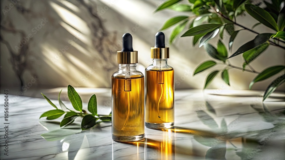 Against a marble background, two oil bottles with droppers are enveloped by plant shadows, promoting relaxation and wellness while enhancing aesthetic home decor. Against a marble background, two oil bottles with droppers are enveloped by plant shadows, promoting relaxation and wellness while enhancing aesthetic home decor.
