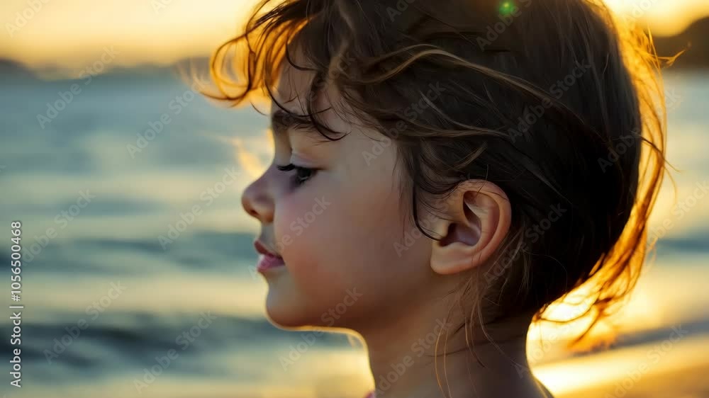 A young girl stands on the beach, looking out at the ocean at sunset A young girl stands on the beach, looking out at the ocean at sunset