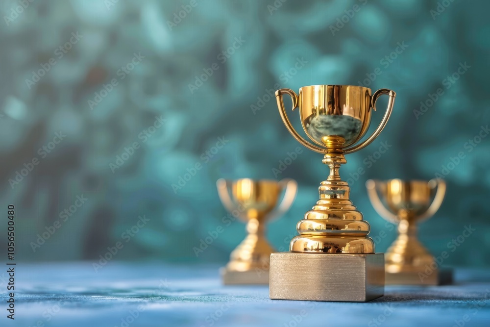 Shiny golden trophies displayed on a blue background, representing achievement, success, and victory in various competitions and events. Shiny golden trophies displayed on a blue background, representing achievement, success, and victory in various competitions and events.