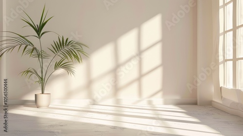 Product presentation in a beige studio with window shadow and sunlight on white wall and floor, summer concert backdrop blurred