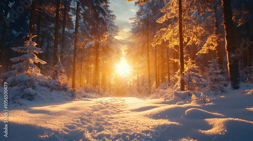 Snowy Forest Path at Sunset - Realistic Winter Landscape Image