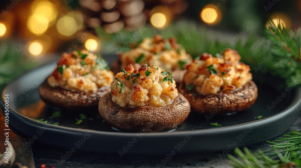 A plate of cheese and bacon-stuffed mushrooms sitting in front of a Christmas tree, A plate of cheese and bacon-stuffed mushrooms sitting in front of a Christmas tree,