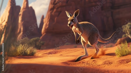 Playful Kangaroo in Desert Landscape photo