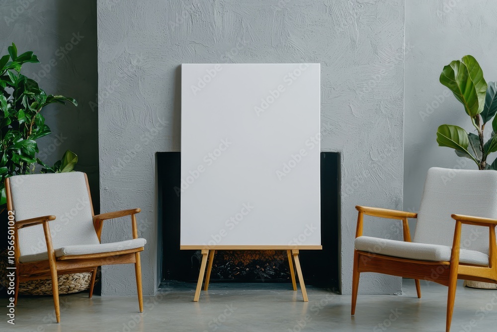 A cozy, modern living space featuring two light gray chairs and a blank canvas on an easel, surrounded by greenery. A cozy, modern living space featuring two light gray chairs and a blank canvas on an easel, surrounded by greenery.