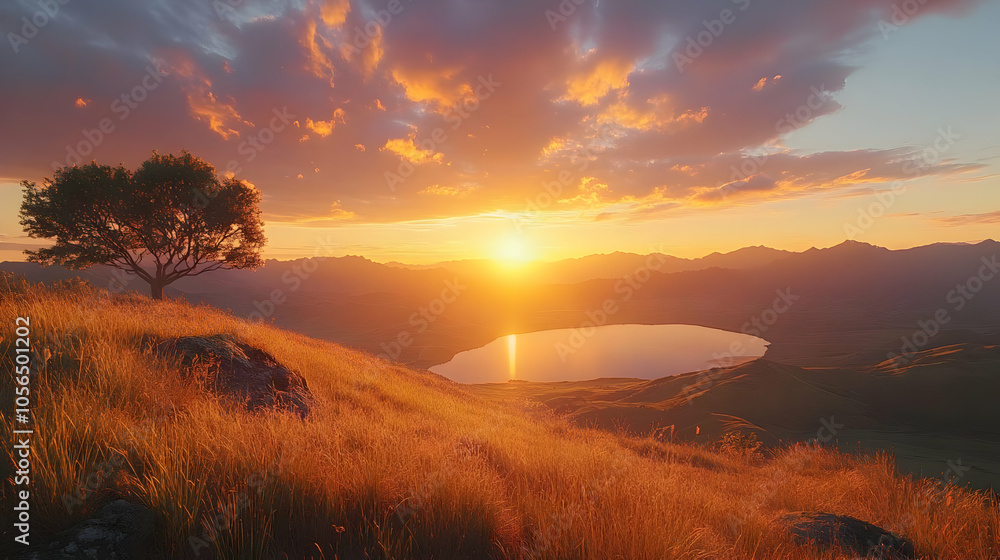 Obraz premium Golden Hour Sunset Landscape with Lone Tree, Lake, and Mountains