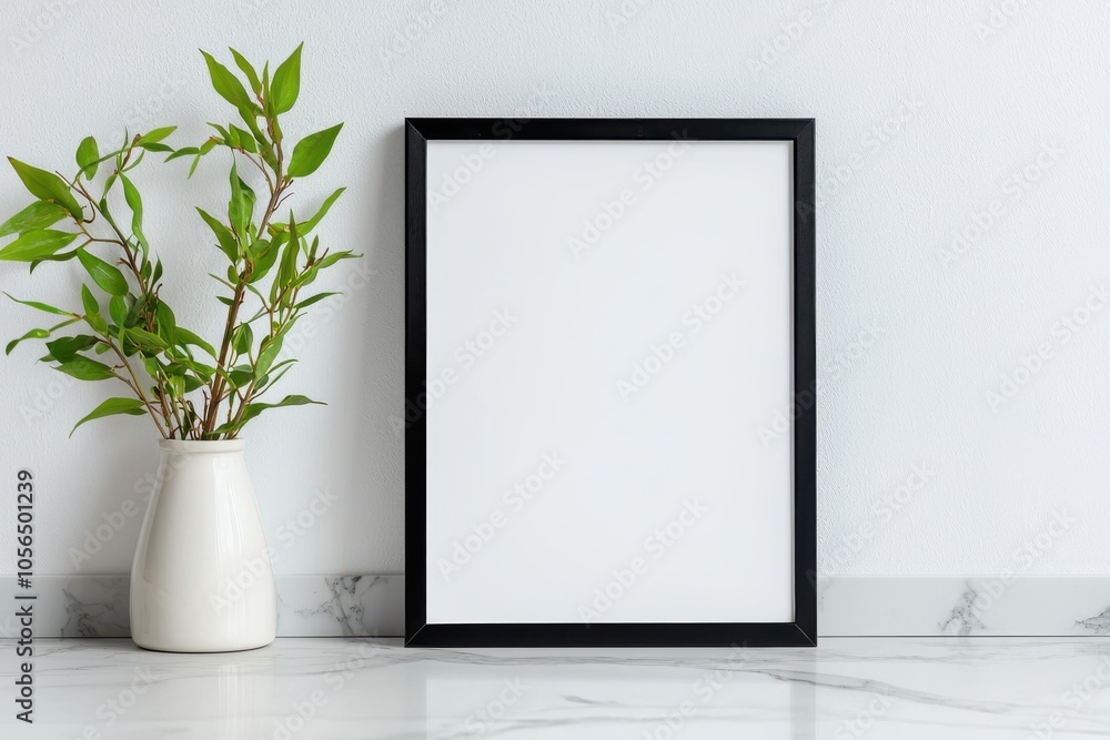 Minimalist decor featuring a blank black-framed picture frame beside a stylish potted plant. Minimalist decor featuring a blank black-framed picture frame beside a stylish potted plant.
