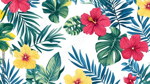 Vibrant Hibiscus and Palm Leaves Seamless Pattern