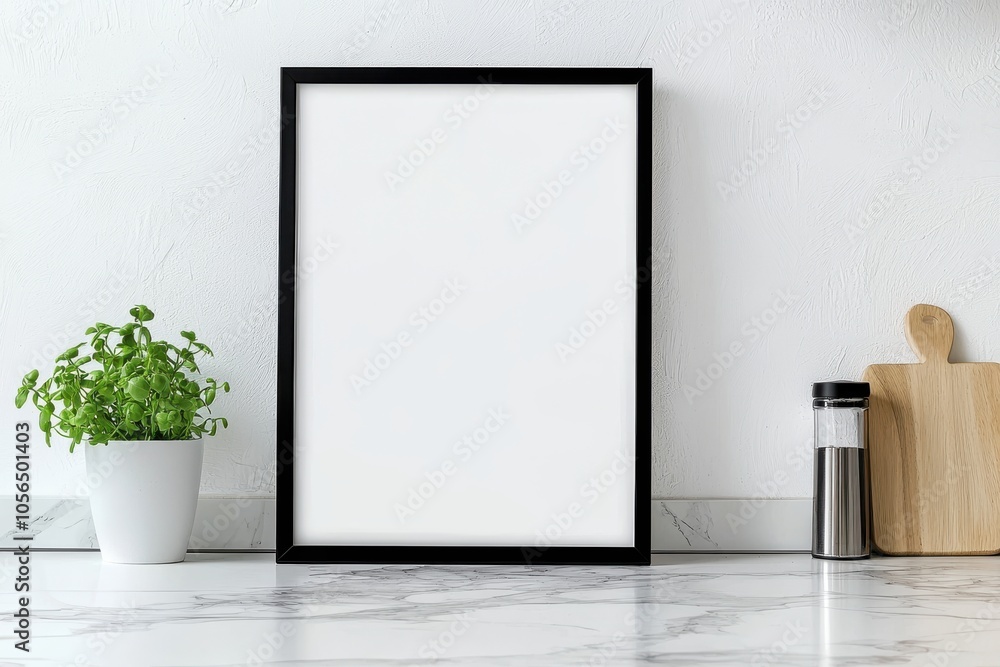 Minimalist kitchen scene featuring a black frame, fresh herbs, and kitchen utensils, perfect for modern decor. Minimalist kitchen scene featuring a black frame, fresh herbs, and kitchen utensils, perfect for modern decor.