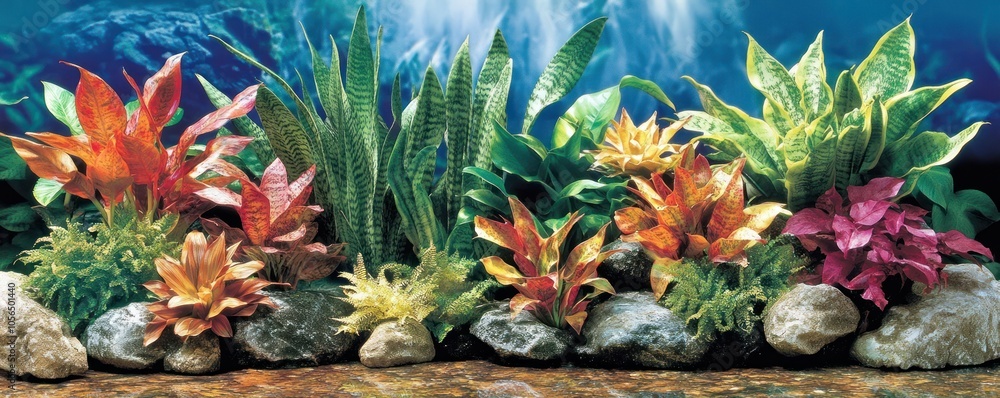 Obraz premium A vibrant arrangement of aquatic plants and rocks for aquarium decoration.