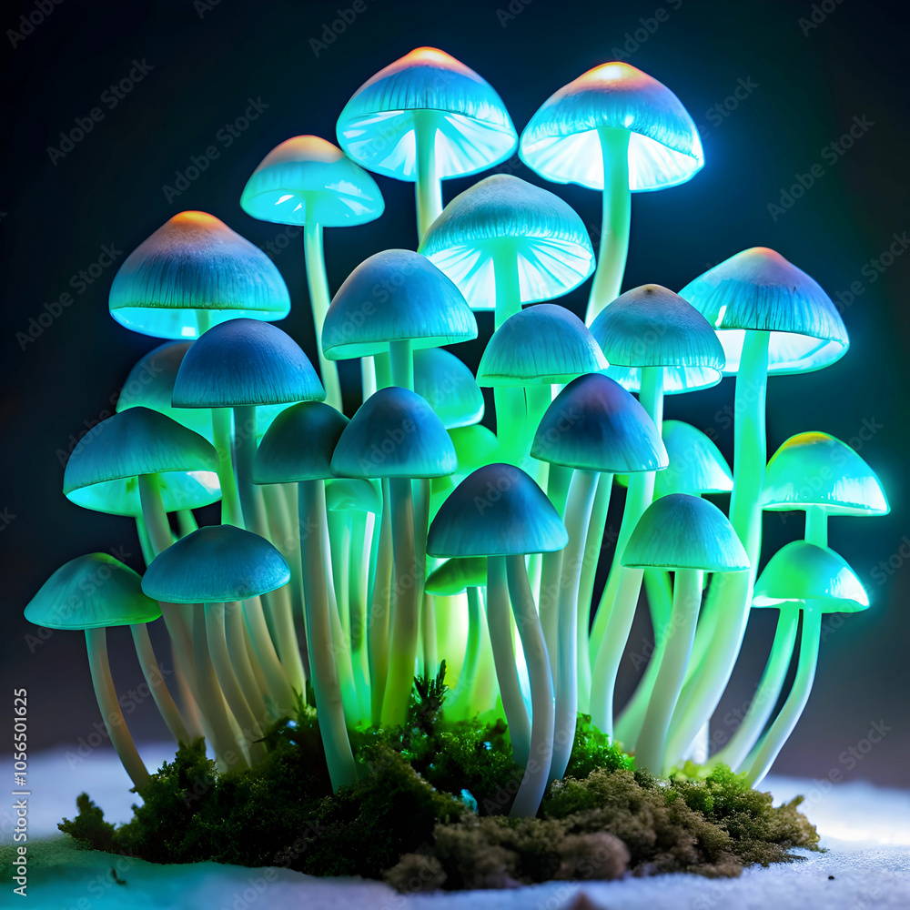 Fototapeta premium a-cluster-of-bioluminescent-mushrooms-illuminated-