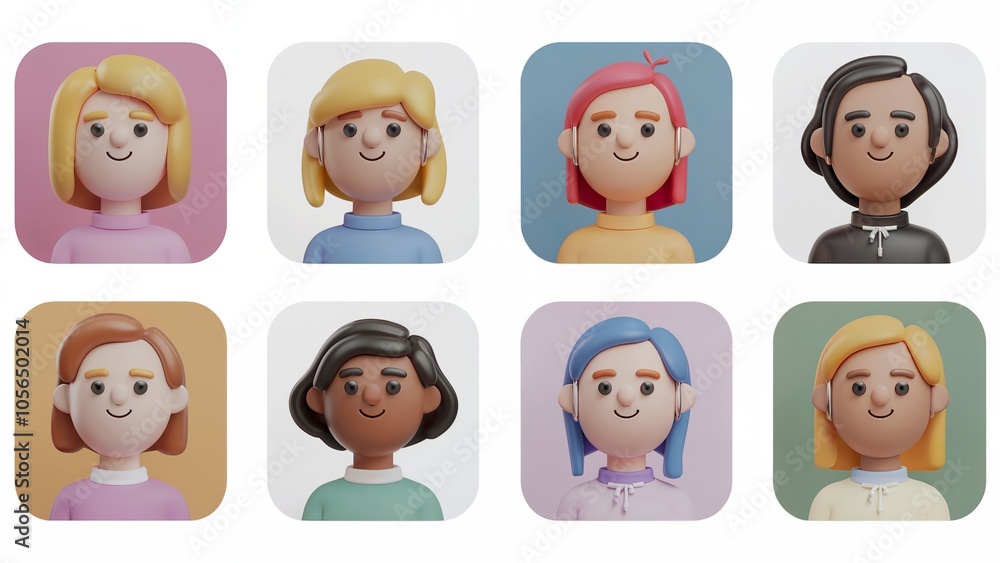 3d set of character icons with various hairstyles, skin tones, and clothing 3d set of character icons with various hairstyles, skin tones, and clothing