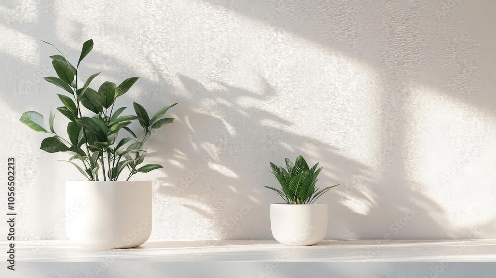 Serene Indoor Plants with Soft Shadows on a Shelf Serene Indoor Plants with Soft Shadows on a Shelf