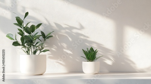 Serene Indoor Plants with Soft Shadows on a Shelf