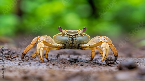 Close up of a Crab Walking on Mud with Green Background