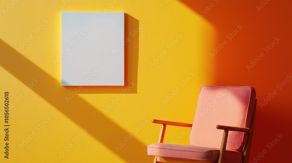 A cozy pink armchair beside a bright yellow wall, featuring a minimalist white canvas, creating a warm and inviting atmosphere. A cozy pink armchair beside a bright yellow wall, featuring a minimalist white canvas, creating a warm and inviting atmosphere.