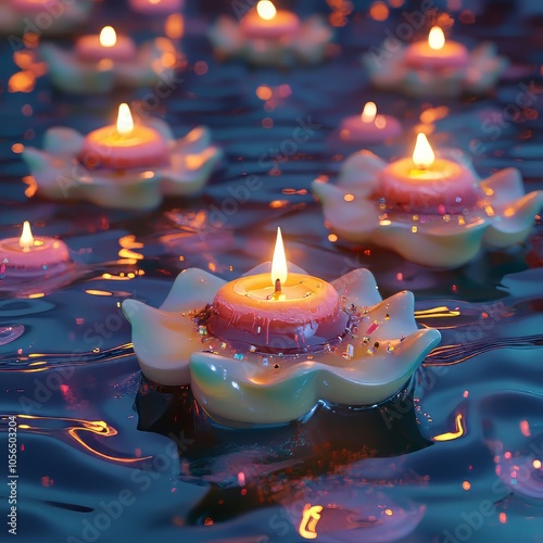 Surreal Diwali diyas with floating candles photo