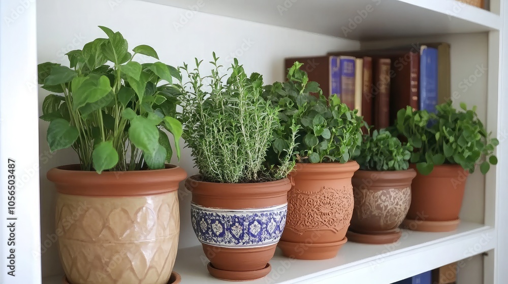 Fresh Herb Garden on White Shelf with Clay Pots Fresh Herb Garden on White Shelf with Clay Pots