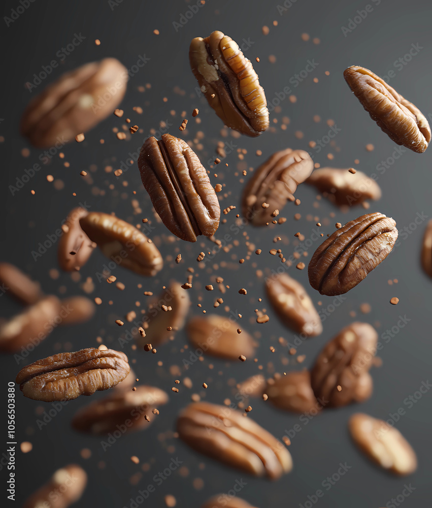 Floating Bits of Toasted Pecans Isolated on a Bright Background: Perfect for Culinary Inspiration Floating Bits of Toasted Pecans Isolated on a Bright Background: Perfect for Culinary Inspiration